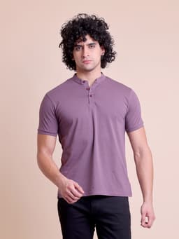 BASIC STRETCHABLE MANDARIN COLLAR HALF SLEEVE T-SHIRT
