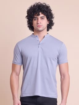 BASIC STRETCHABLE MANDARIN COLLAR HALF SLEEVE T-SHIRT