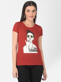 LADIES PRINTED PREMIUM ROUND NECK HALF SLEEVE TSHIRT - BRICKRED