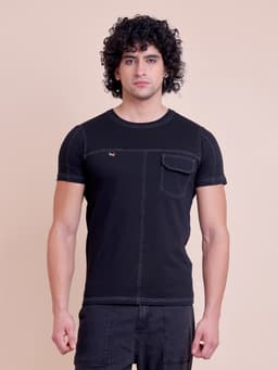 FASHION REGULAR FIT PREMIUM SOILD COLOUR CUT & SEW ROUND NECK T-SHIRT - BLACK
