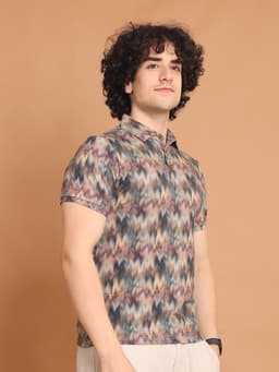 DIGITAL PRINTED PREMIUM STRETCHABLE POLO NECK HALF SLEEVE TSHIRT - LIGHTBROWN