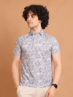 DIGITAL PRINTED PREMIUM STRETCHABLE POLO NECK HALF SLEEVE TSHIRT - LIGHTGREY