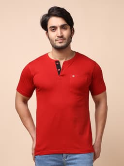 BASIC HENLEY NECK HALF SLEEVE - BRICKRED
