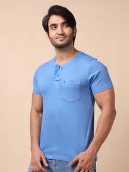 BASIC HENLEY NECK HALF SLEEVE - IRISBLUE