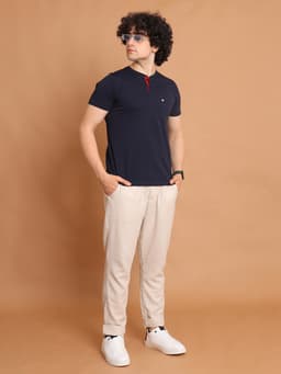 BASIC HENLEY NECK HALF SLEEVE - NAVY