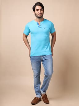 BASIC HENLEY NECK HALF SLEEVE - SKYBLUE