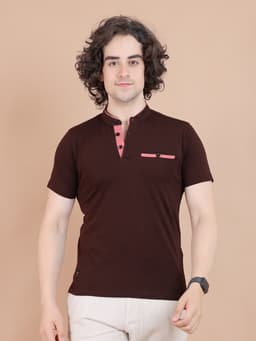 BASIC MANDARIN COLLAR HALF SLEEVE - COFFEE