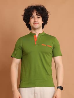 BASIC MANDARIN COLLAR HALF SLEEVE - OLIVE