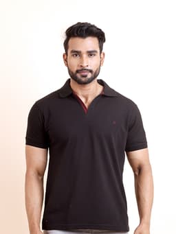 BASIC POLO NECK HALF SLEEVE TSHIRT - BLACK