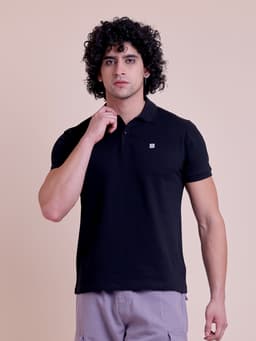 PREMIUM POLO NECK HALF SLEEVE RIB T-SHIRT-BLACK