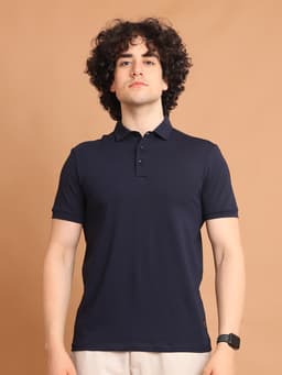 BASIC STRETCHABLE POLO NECK HALF SLEEVE TSHIRT - NAVY