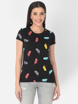 LADIES PRINTED PREMIUM ROUND NECK HALF SLEEVE TSHIRT - BLACK