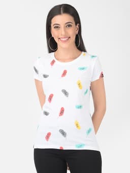 LADIES PRINTED PREMIUM ROUND NECK HALF SLEEVE TSHIRT - WHITE