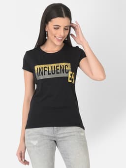 LADIES PRINTED PREMIUM ROUND NECK HALF SLEEVE TSHIRT - BLACK