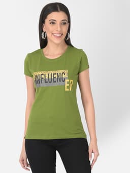 LADIES PRINTED PREMIUM ROUND NECK HALF SLEEVE TSHIRT - OLIVE