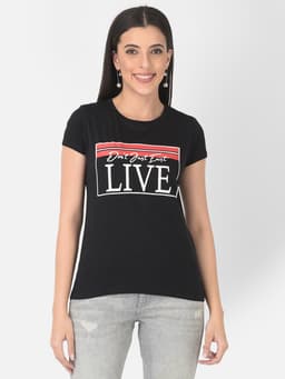 LADIES PRINTED PREMIUM ROUND NECK HALF SLEEVE TSHIRT - BLACK