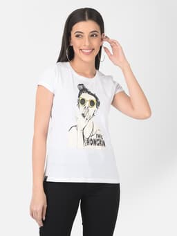 LADIES PRINTED PREMIUM ROUND NECK HALF SLEEVE TSHIRT - WHITE