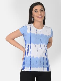 LADIES PRINTED PREMIUM ROUND NECK HALF SLEEVE TSHIRT - WHITEBLUE