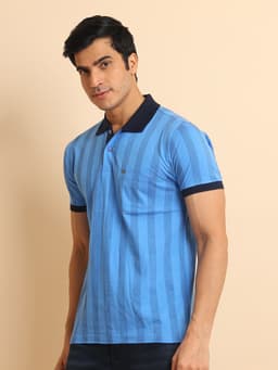 FASHION REGULAR FIT PREMIUM MERCERISED PRINTED POLO NECK HALF SLEEVE TSHIRT WITH POCKET - IRISBLUE