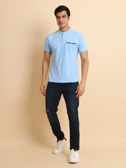 FASHION REGULAR FIT PREMIUM PRINTED MANDARIN COLLAR HALF SLEEVE TSHIRT WITH BONE POCKET - SKYBLUE