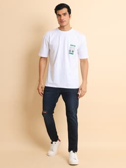 PRINTED STRETCHABLE OVERSIZE ROUND NECK HALF SLEEVE TSHIRT - WHITE
