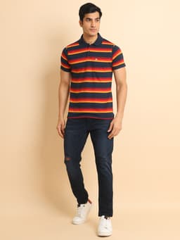 STRIPE POLO NECK HALF SLEEVE TSHIRT - REDNAVYSTRIPE