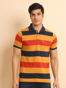STRIPE POLO NECK HALF SLEEVE TSHIRT - PAPAYA