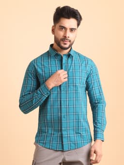 BASIC CHECKS COTTON FULL SLEEVE SHIRT-PETROL
