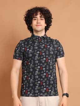 DIGITAL PRINTED PREMIUM STRETCHABLE POLO NECK HALF SLEEVE TSHIRT - BLACK