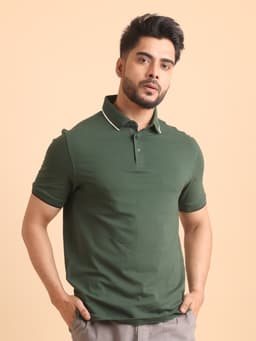 BASIC PREMIUM MERCERISED PIQUE POLO NECK HALF SLEEVE T-SHIRT-OLIVE