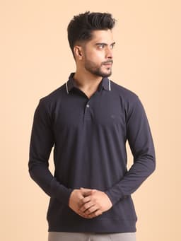 BASIC PREMIUM MERCERISED PIQUE POLO NECK FULL SLEEVE T-SHIRT-NAVY