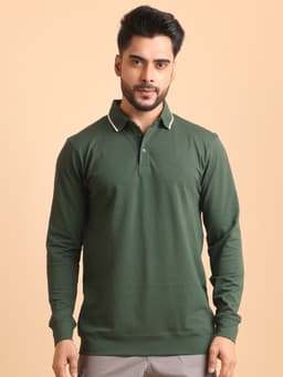 BASIC MERCERISED PIQUE POLO NECK FULL SLEEVE T-SHIRT-OLIVE