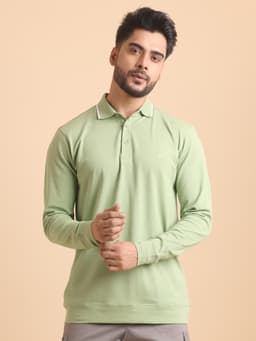 BASIC PREMIUM MERCERISED PIQUE POLO NECK FULL SLEEVE T-SHIRT-PGREEN