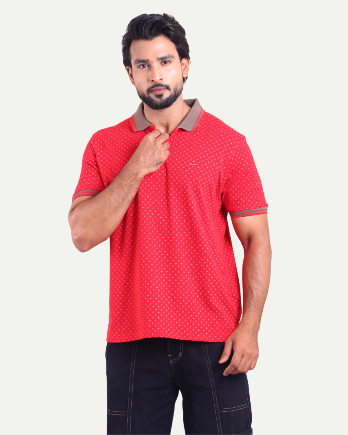 Printed Polo Neck T-Shirt - Micro Dot Contrast
