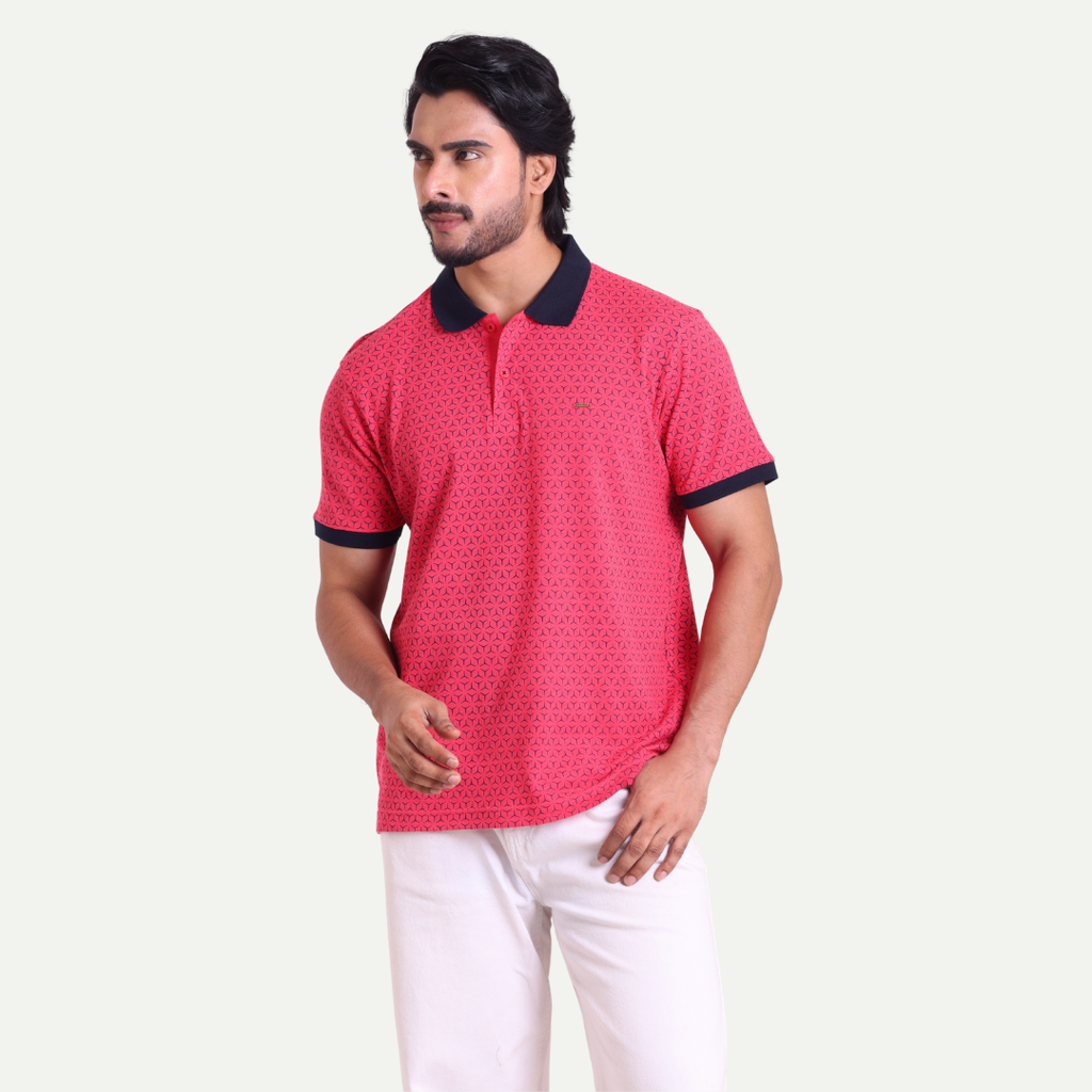 Printed Polo Neck T-Shirt - Geometric Pattern
