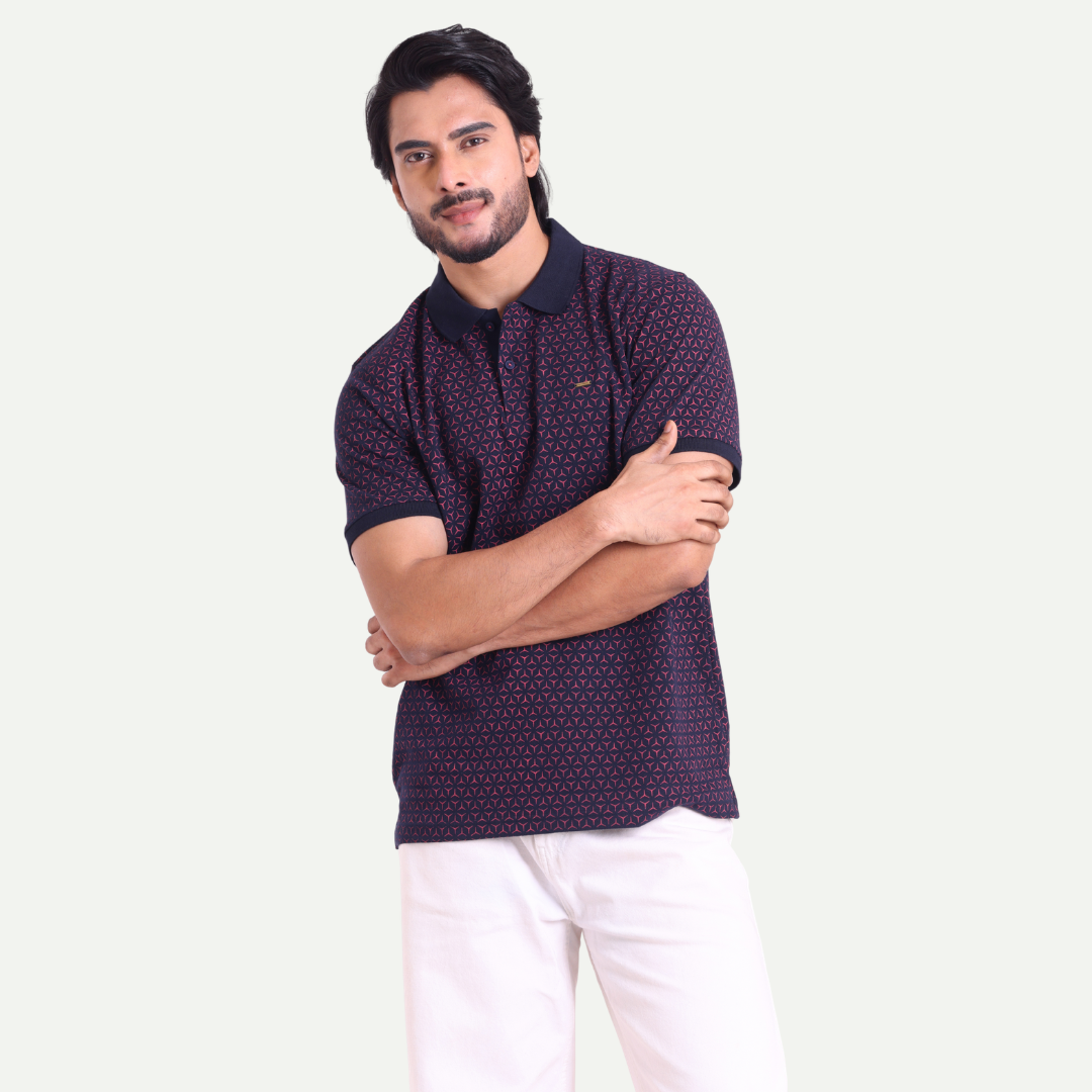 Printed Polo Neck T-Shirt - Geometric Pattern