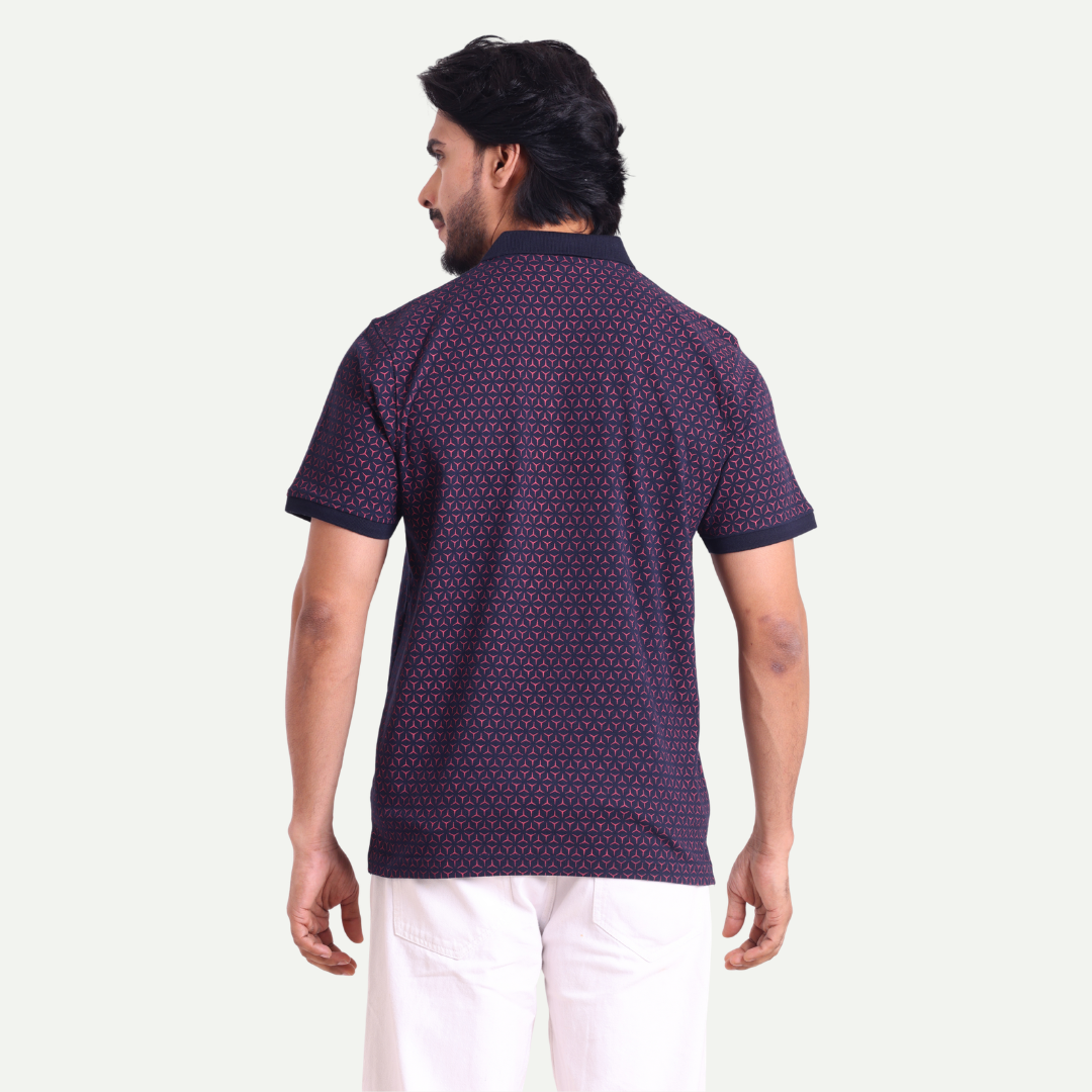 Printed Polo Neck T-Shirt - Geometric Pattern