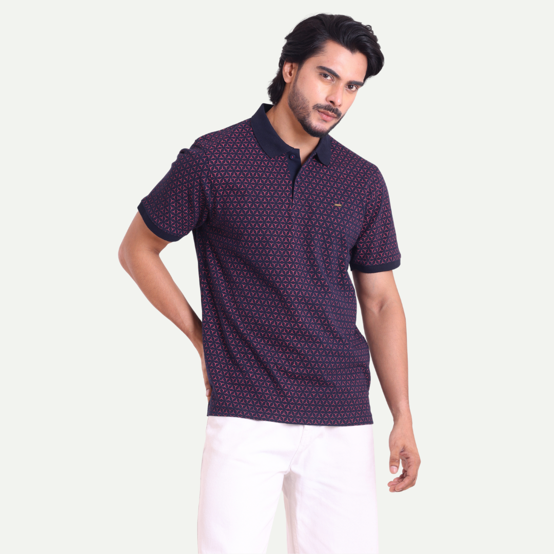 Printed Polo Neck T-Shirt - Geometric Pattern