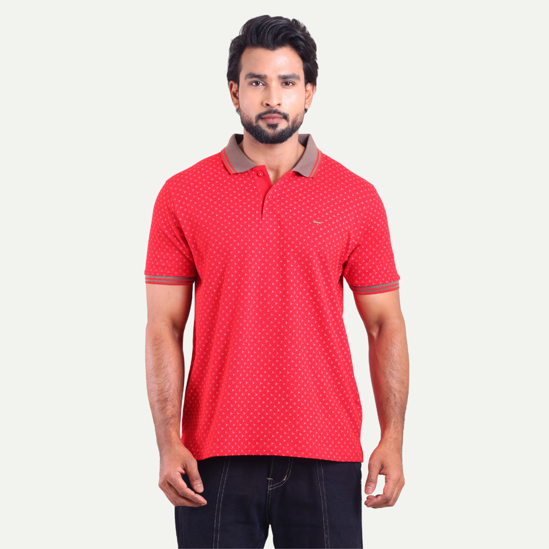Printed Polo Neck T-Shirt - Micro Dot Contrast
