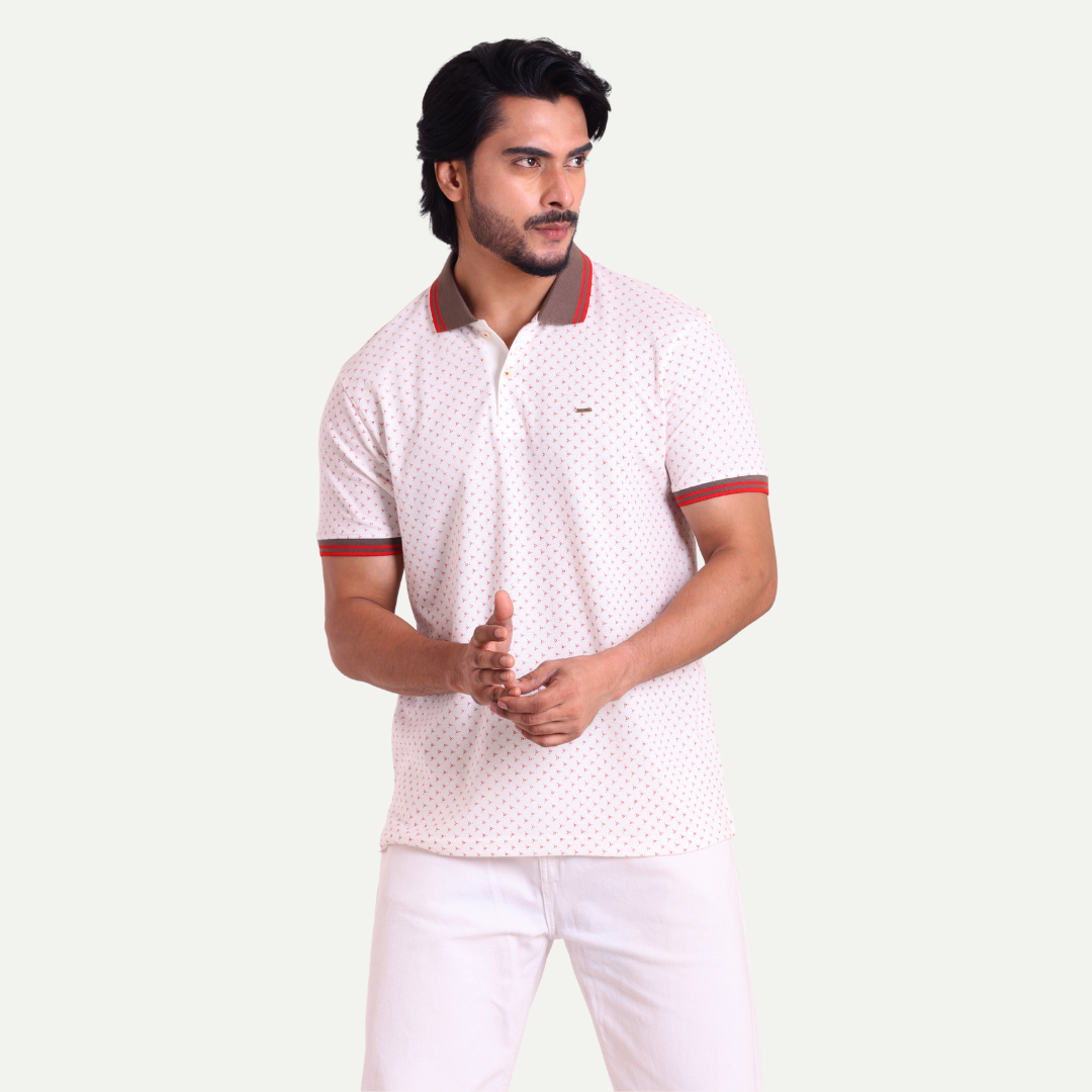 Printed Polo Neck T-Shirt - Micro Dot Contrast